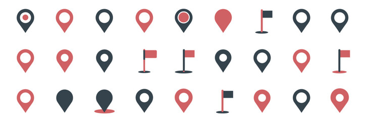 Location mark icon set, modern map markers, destination pointers, GPS navigation symbols, geographic location signs, editable vector illustration. ©   