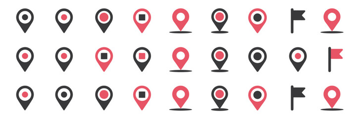 Location mark icon set, modern map markers, destination pointers, GPS navigation symbols, geographic location signs, editable vector illustration. ©   