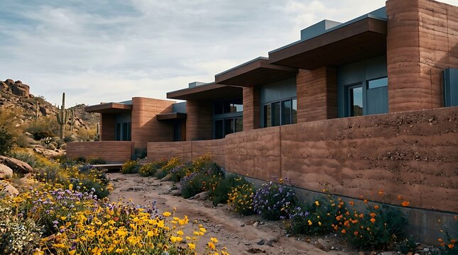 Modern rammed earth architecture in a blooming desert landscape