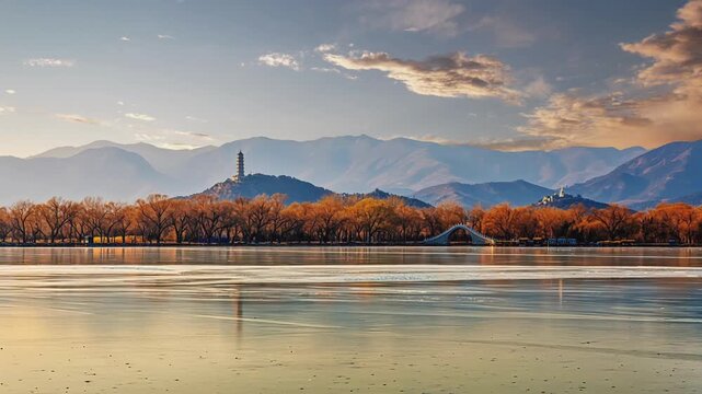 Time-lapse of Beijing's Summer Palace in autumn, capturing golden trees, lake reflections, and the distant pagoda on Longevity Hill.