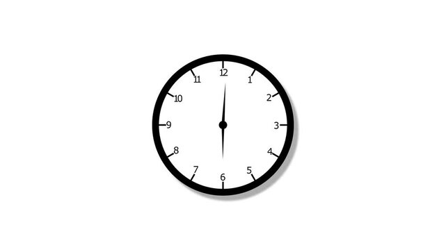 Black clock icon with moving arrows in 12 hour loop. Clock spinning, watch animation on white background with alpha channel. 4k animation.