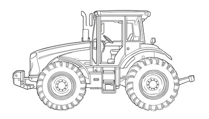 Obraz premium Agricultural Tractor Line Drawing – Black and White Side View Vector Illustration Outline For Coloring Book and Technical Icon