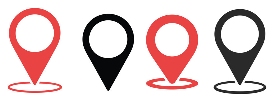 Location vector icon set, GPS place symbols, flat navigation pictograms, map pin markers, destination locator graphics, clean editable vector EPS illustration.