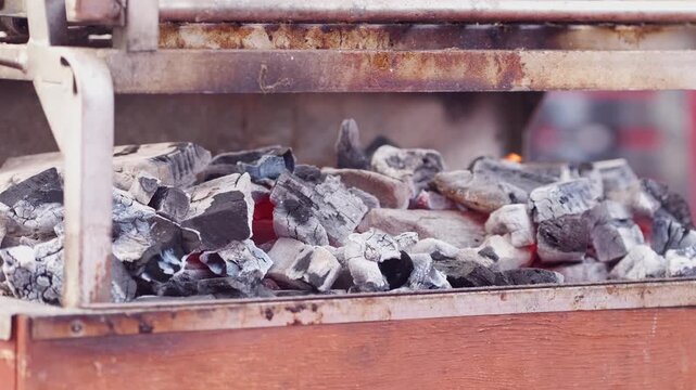Hot Burning Charcoal Embers Under Grill Gate Ready For Barbecue Cookin