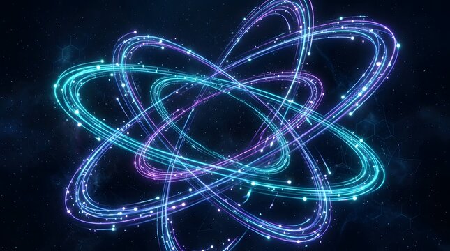 Neon atomic orbital paths with glowing electron particles in dark deep space void.