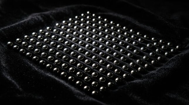 Black fabric with metallic studs arranged in a geometric pattern close up photography