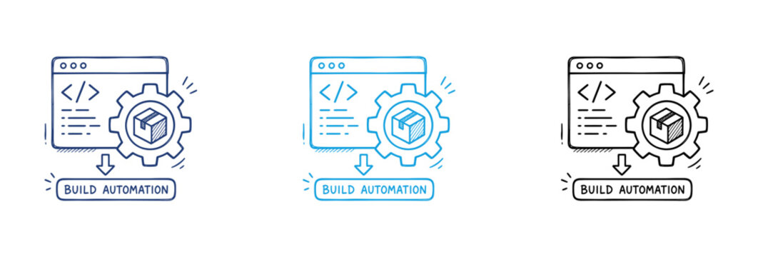 Build automation software development icons showing coding browser window and gear mechanism.