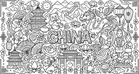 Fototapeta premium Illustration vectorielle de style cartoon chinois, dessinée à la main, à colorier pour enfants