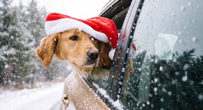 Happy golden retriever dog wearing red Santa Claus hat looking out car window while falling snow covers the vehicle outdoors