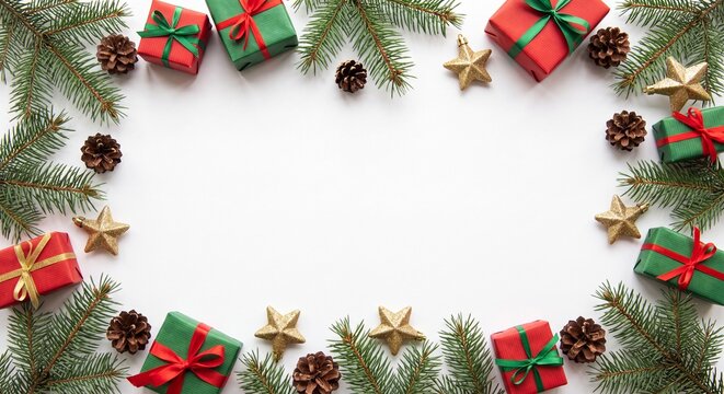 White background framed with green fir branches red wrapped gifts pinecones and golden stars with blank central space