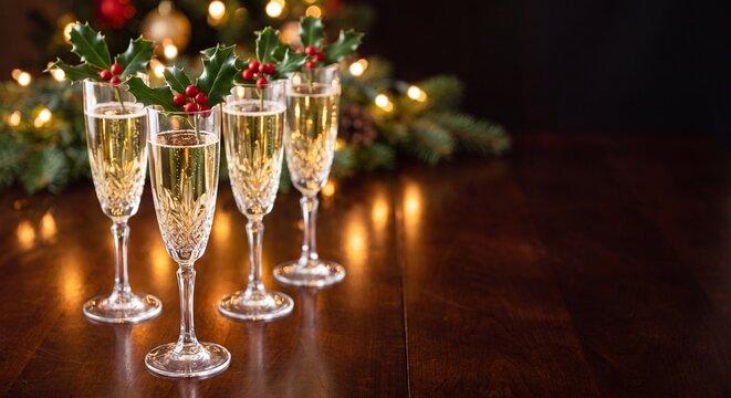 Row of crystal champagne flutes with sparkling wine and rising bubbles on dark wooden surface with warm bokeh lights background