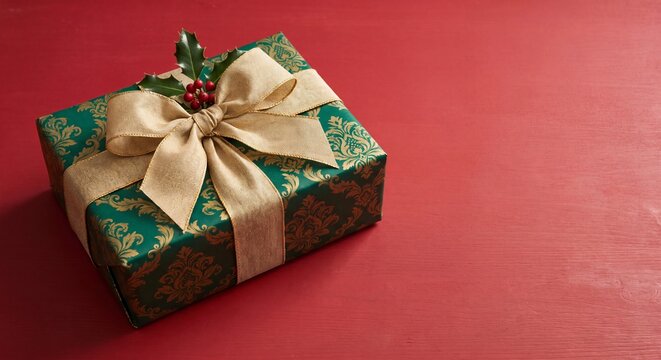 Single green wrapped present box decorated with elegant gold ribbon bow placed on bright solid red surface background