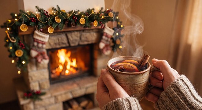 Person holding ceramic mug of steaming mulled wine with cinnamon sticks near warm glowing stone fireplace decorated for Christmas