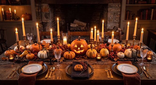 A long rustic wooden dining table lavishly decorated with burning candles pumpkins and autumnal holiday decor