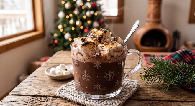 A clear glass mug filled with hot chocolate topped with whipped cream cocoa powder and a spoon on a wooden tabletop