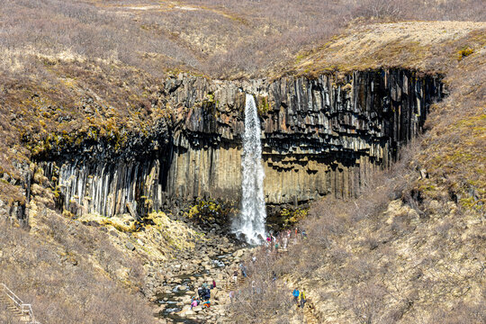 Tourists gathered at the base of Svartifoss waterfall surrounded by dark basalt columns in Skaftafell Vatnaj&ouml;kull National Park Iceland