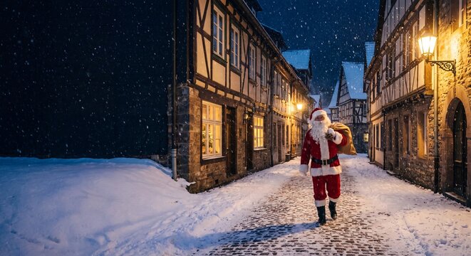Santa Claus carrying a sack of gifts while walking along a snowy street lined with historical illuminated houses during a winter night