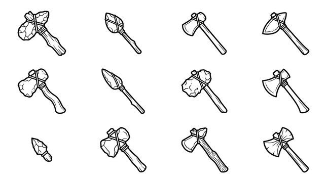 Set of prehistoric stone age tools and primitive weapons vector icons