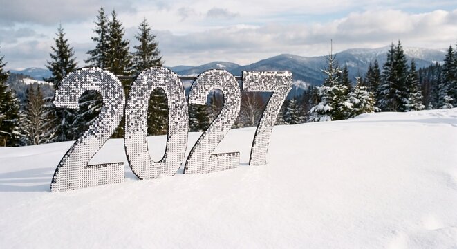 Large metallic silver 2027 year digits standing in deep white snow in a mountainous winter landscape under cloudy sky