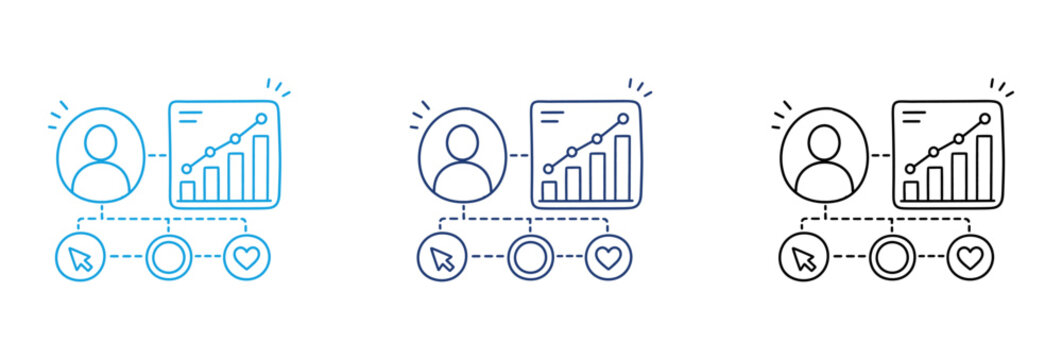 Business performance and user data analytics line icon set showing growth charts and profile metrics.