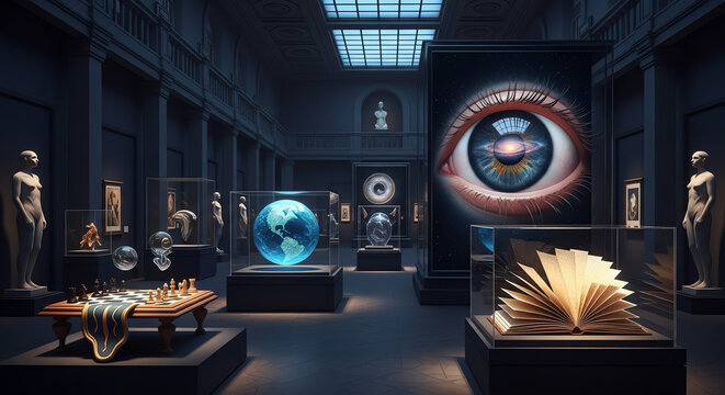 Giant human eye display and glowing earth globe are showcased as mystical artifacts inside a dark and grand art museum