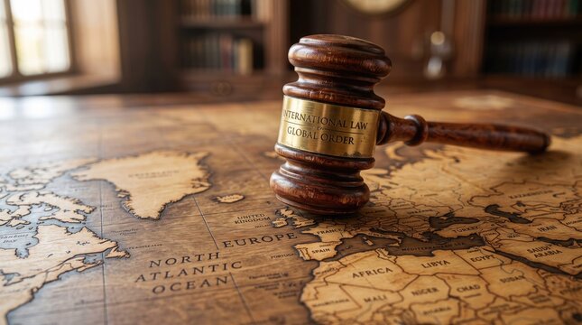 Wooden judicial gavel resting on antique world map representing global legal justice
