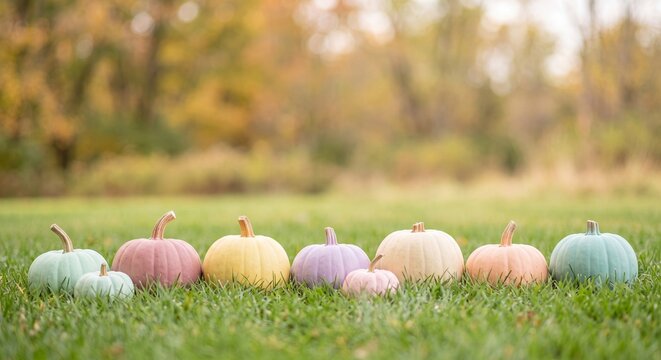 A row of small pumpkins painted in soft pastel colors arranged neatly on green grass in a bright outdoors autumn field setting