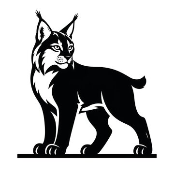 Lynx wild cat silhouette, black and white bobcat illustration, stylized forest predator icon, minimalist feline mascot for sports branding and logos