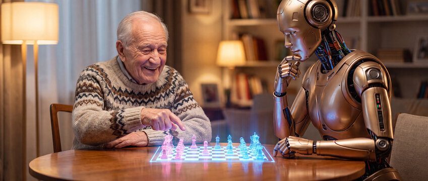 Elderly man playing holographic chess with robot in a cozy, warm-lit living room, featuring glowing neon blue and pink digital pieces on a futuristic projection board for senior care concepts