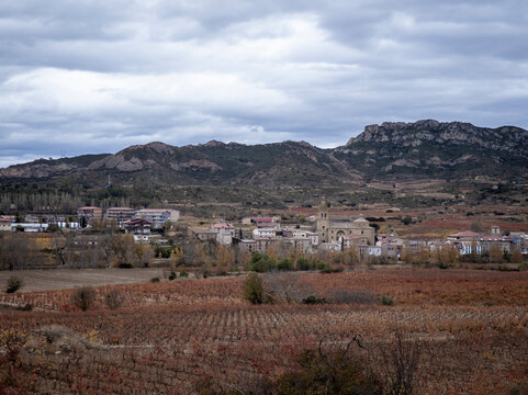 San vicente de la sonsierra village in autumn vineyard landscape