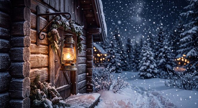 A warm lantern hanging on a rustic wooden house porch illuminating falling snow in a quiet winter forest landscape at night