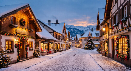 Fototapeta premium Picturesque alpine village street covered in deep winter snow illuminated by festive holiday lights and warm building glow at dusk