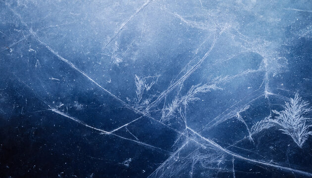Abstract texture of natural ice with intricate frost patterns and deep blue cracks background crystalline transparent seasonal environment abstract structure geometric formation
