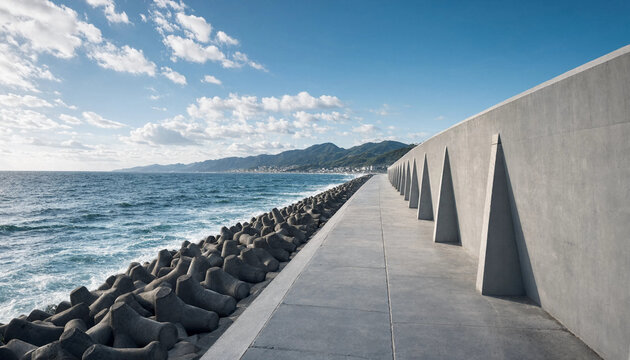 Modern coastal concrete seawall barrier with pyramid structures and ocean waves under blue sky concrete shoreline protection breakwater construction engineering infrastructure landscape