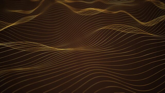 Gold wave terrain line flowing mesh hills, dark brown depth, smooth digital contours, luminous abstract motion. data visuals, luxury tech intros, finance screens, science promos, elegant overlays.