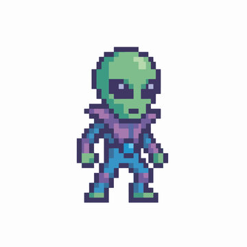 Pixelated Alien Character in Retro Video Game Style.