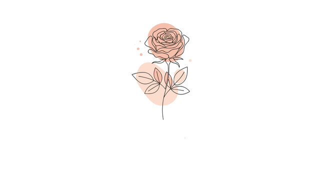 Minimalist single line drawing of a blooming rose is accented with soft pink watercolor splashes on a pristine white background.