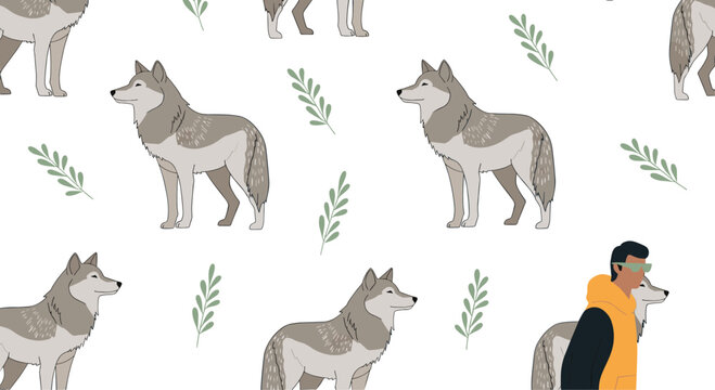 Interesting seamless pattern displays multiple gray wolves standing among green sprigs with a single man wearing a yellow hoodie in the corner.