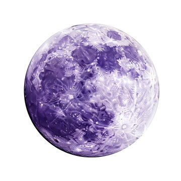 A detailed spherical view of the moon displaying deep purple hues and intricate lunar crater textures isolated on transparent background