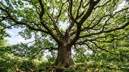Fototapeta premium Looking up at the magnificent canopy of an ancient oak tree in a vibrant fo