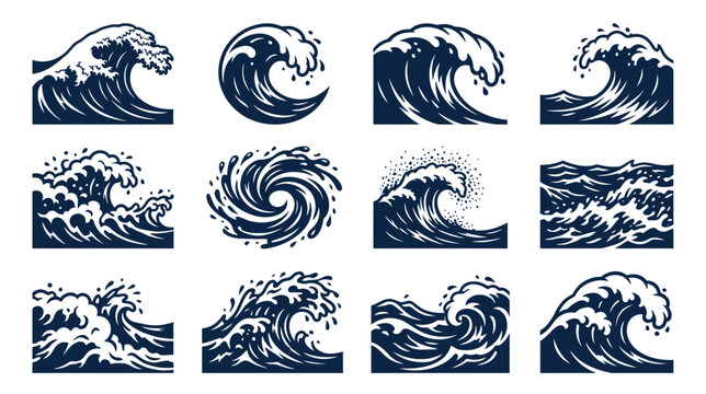 Set of stylized ocean wave illustrations in navy blue