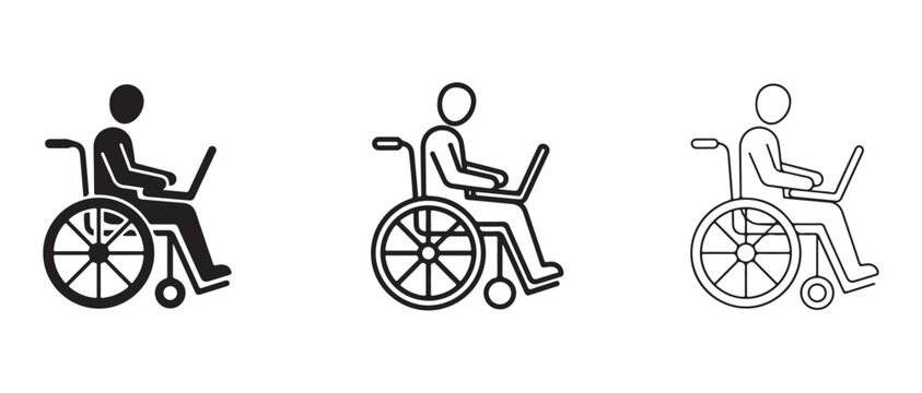 wheelchair user icons working on laptops with different line art styles isolated on transparent background