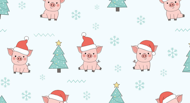 Festive seamless pattern featuring cute little pigs wearing red Santa hats among decorated Christmas trees and snowflakes.