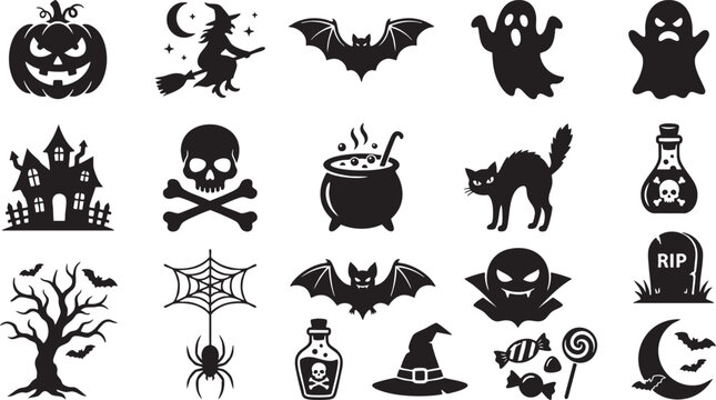 Spooky halloween silhouettes jack o' lanterns ghosts bats witch elements for festive designs