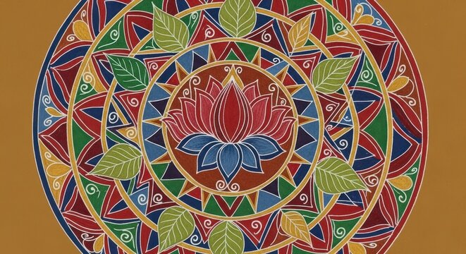 Vibrant Mandala Art with Lotus Flower and Leaf Motifs.