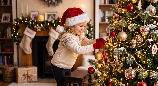 Cute blonde child putting shiny bauble ornament on illuminated pine tree near fireplace at home during Christmas holidays