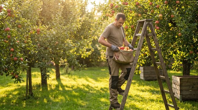 Gardener harvesting ripe apples from orchard with ladder and picking bag