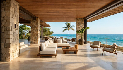 Fototapeta premium Luxury tropical resort open air lobby with ocean view tropical vacation architecture furniture paradise relaxing seascape sunlight peaceful comfortable destination lifestyle