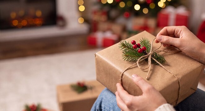 Close up of hands carefully wrapping a simple craft paper gift box with natural twine string and a green fir sprig