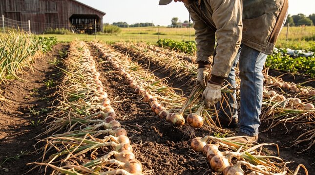 Farmer harvesting mature onions from cultivated field at sunset